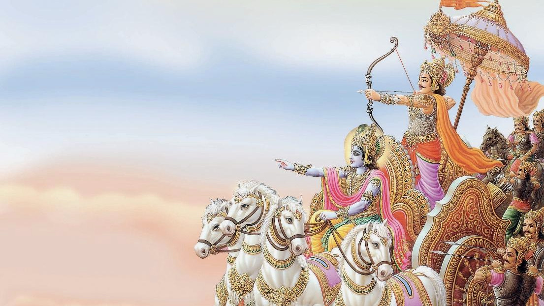 Iconic image of Lord Krishna and Arjuna, illustrating a profound moment of divine guidance and wisdom in Hindu mythology
